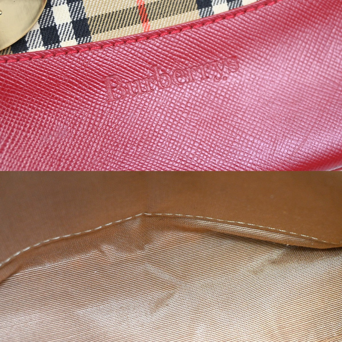 Burberrys Logo Nova Check Tote Handbag Canvas Leather Red Brown GHW  62DA319