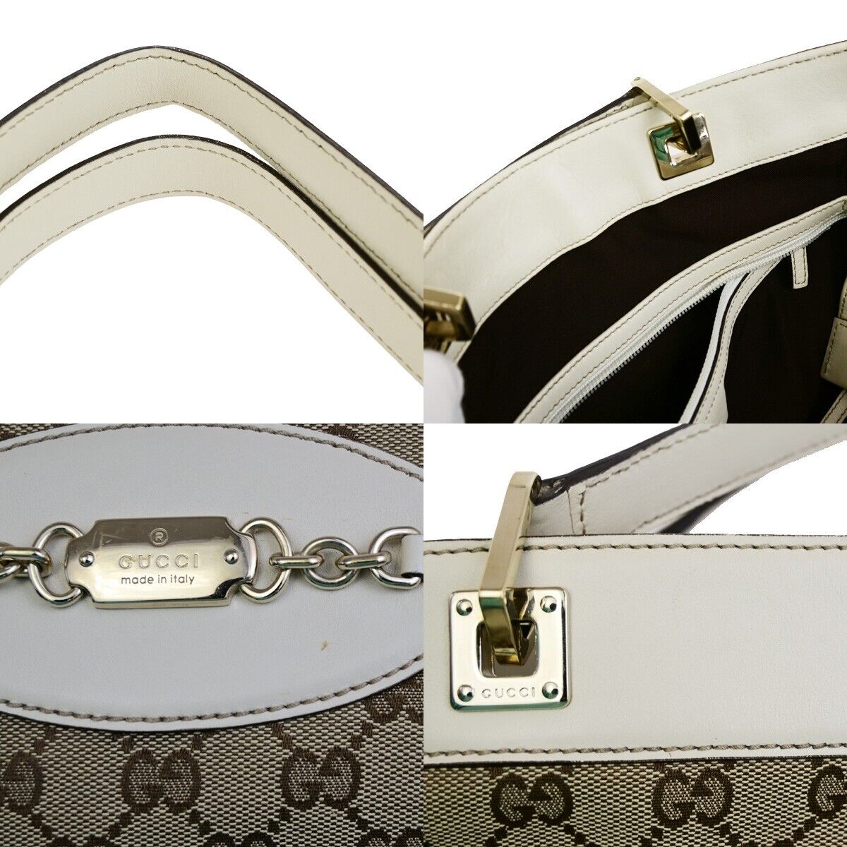 GUCCI Logo GG Pattern Shoulder Bag Canvas Leather Brown White GHW 76EE101