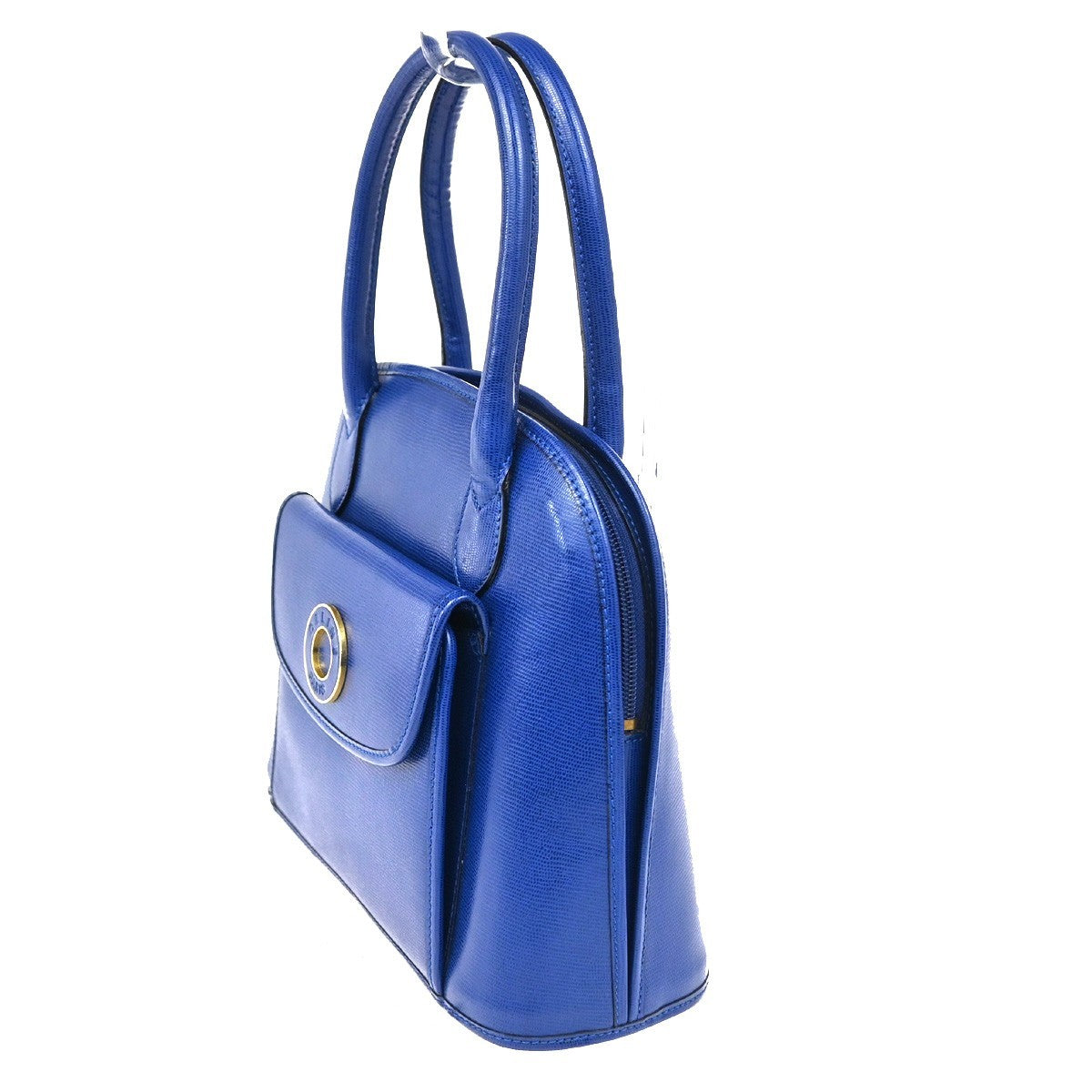 CELINE Circle Logo Handle Bag Embossing Leather Blue GHW Italy 38CA855