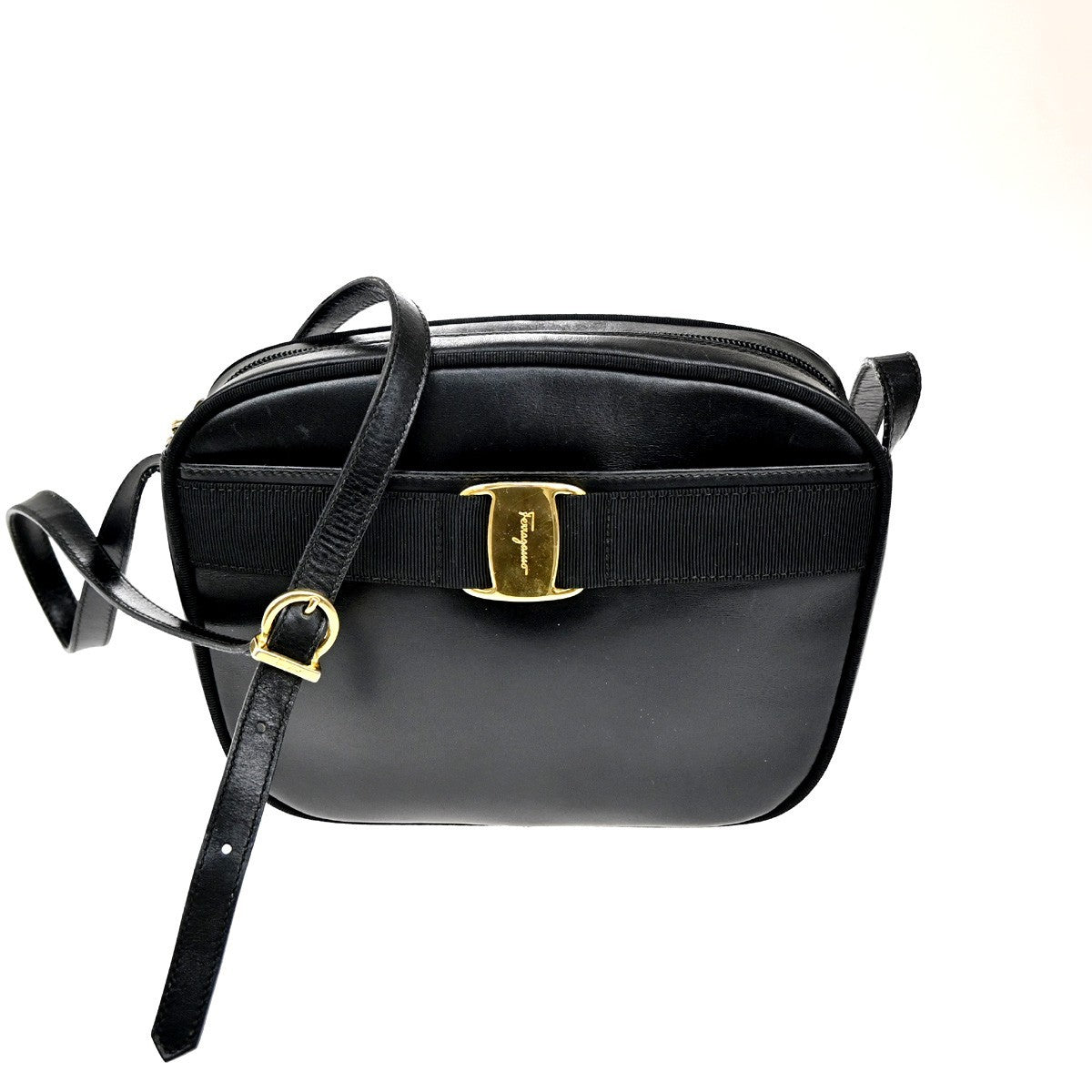 SALVATORE FERRAGAMO Vara Shoulder Bag Canvas Leather Black Gold 69TA430