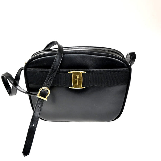 SALVATORE FERRAGAMO Vara Shoulder Bag Canvas Leather Black Gold 69TA430