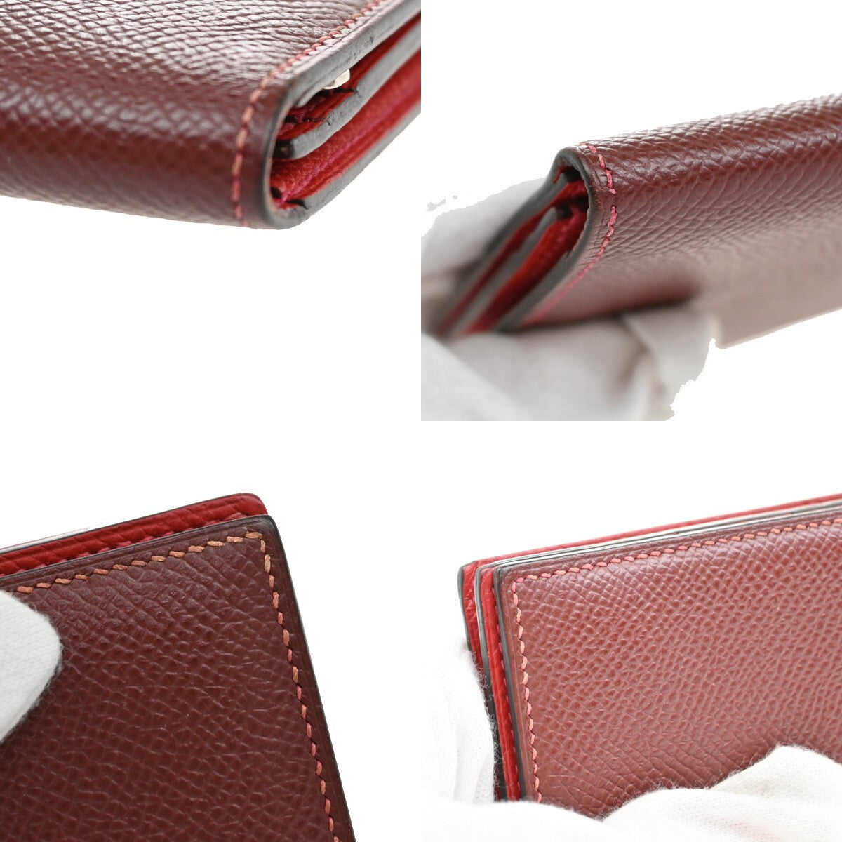 HERMES Logo Bearn Bicolor Long Bifold Wallet Leather Red Burgundy SHW 96RF294