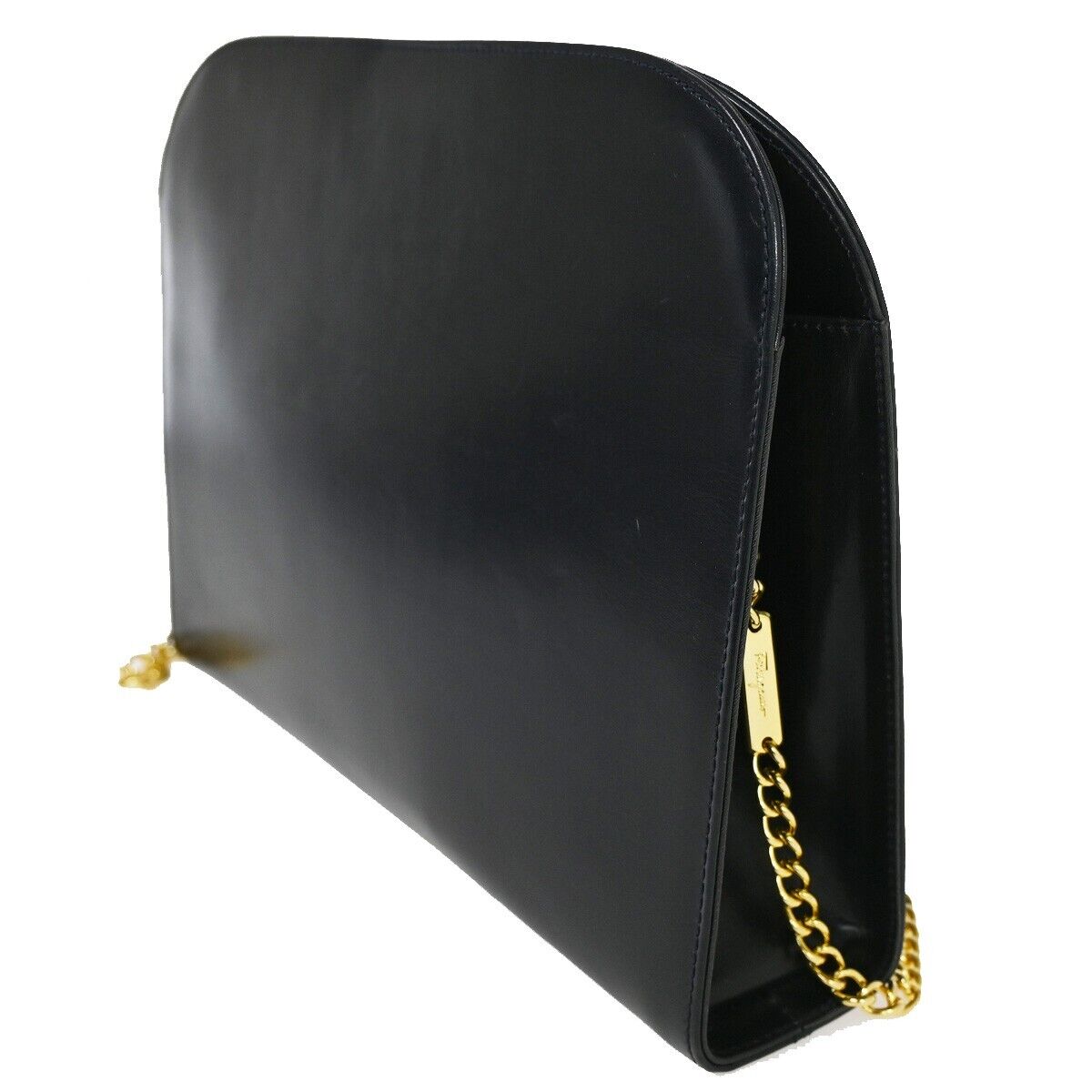 SALVATORE FERRAGAMO Chain Gancini Shoulder Bum Bag Leather Navy Gold 60SH362