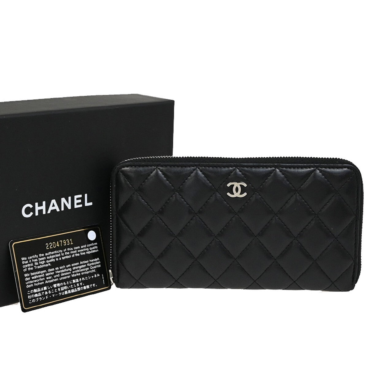 CHANEL CC Logo Matelasse Zip Around Long Wallet Leather Black Silver 10RF286