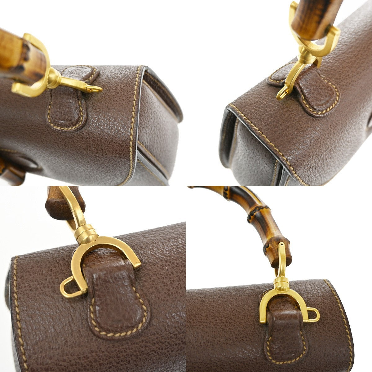 GUCCI Logo Bamboo Top Handle Hand Bag Leather Brown Gold Italy 52EE415