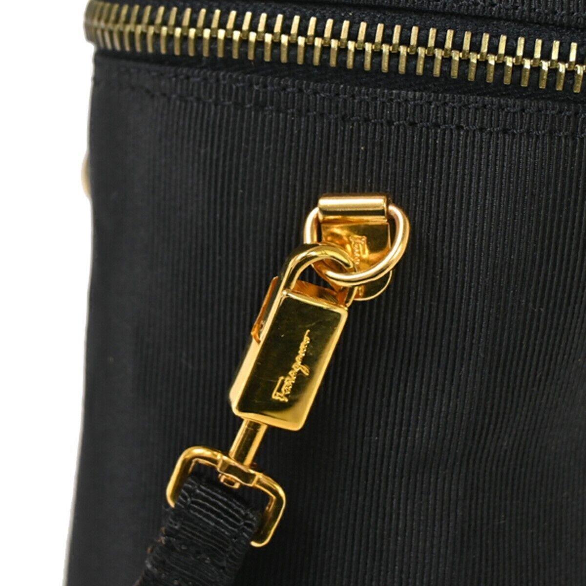 SALVATORE FERRAGAMO Vara Vanity Shoulder Bag Canvas Leather Black Gold 64SH581