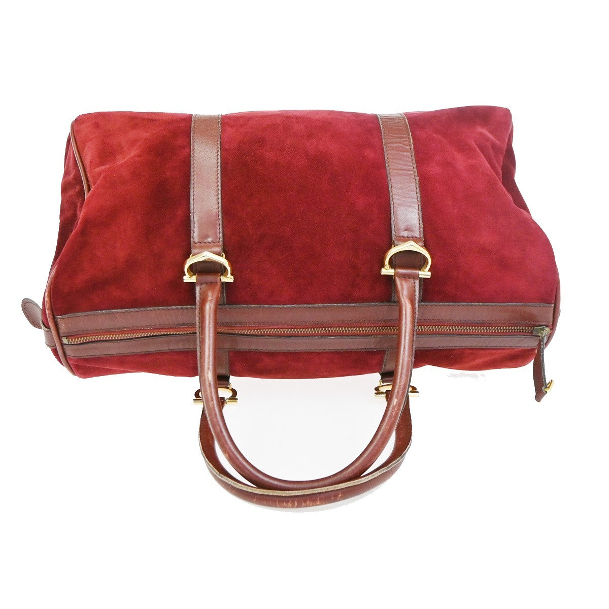 CARTIER Logo Boston Hand Bag Suede Leather Red Burgundy GHW 02CB004