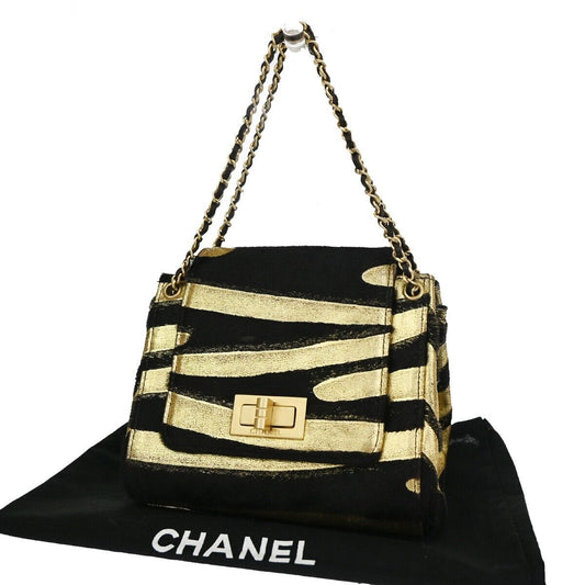 CHANEL 2.55 Zebra Chain Mini Hand Bag Fur Leather Black Gold France 629RH277