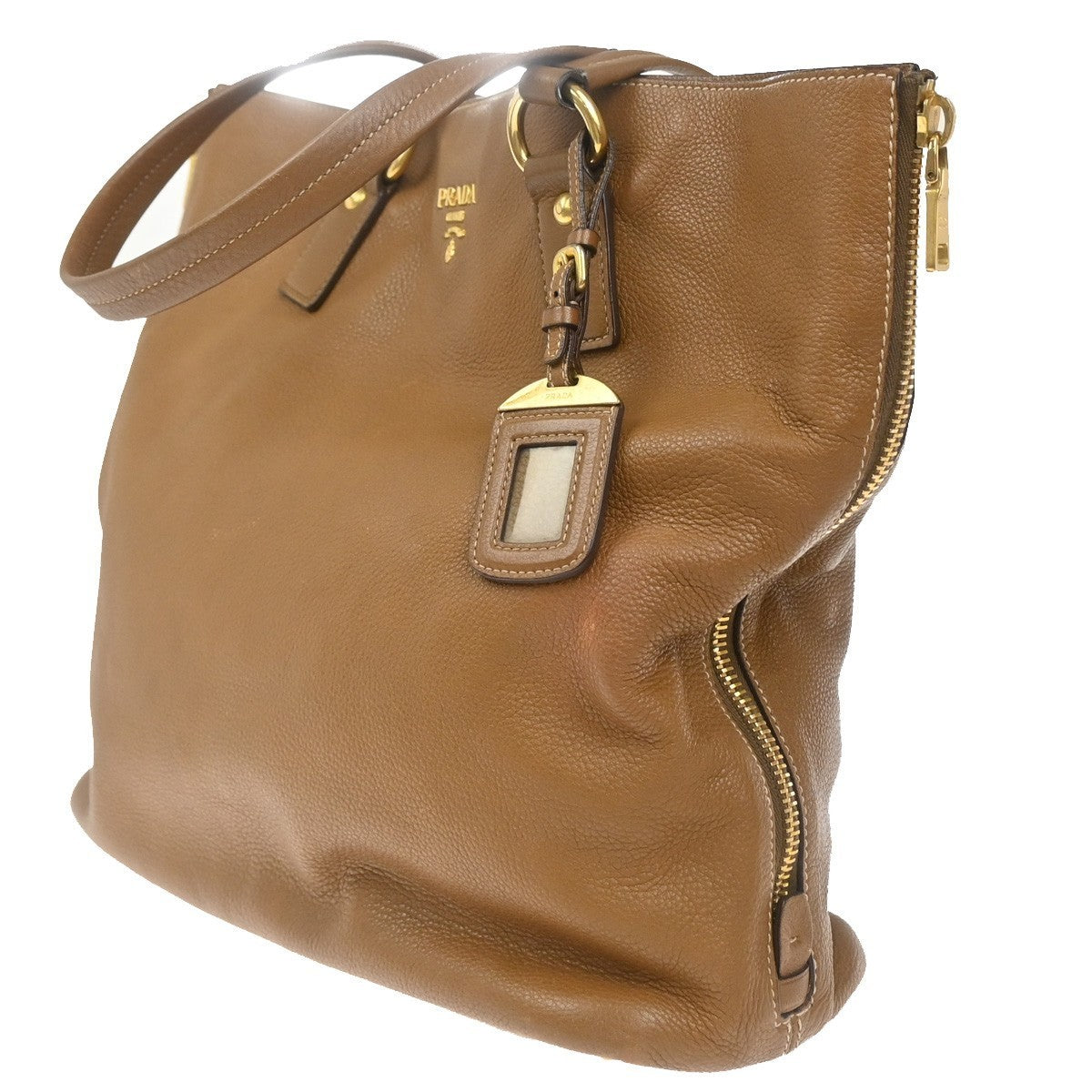 PRADA Logo Side Zip Shoulder Hand Tote Bag Leather Brown GHW 21KP487