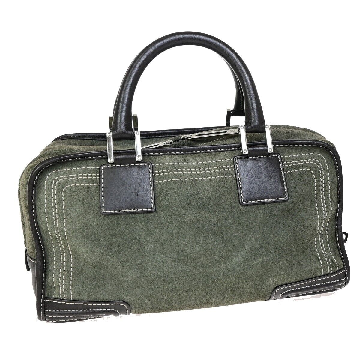 LOEWE Logo Anagram Amazona 28 Hand Bag Suede Leather Green Brown Spain 87FB191