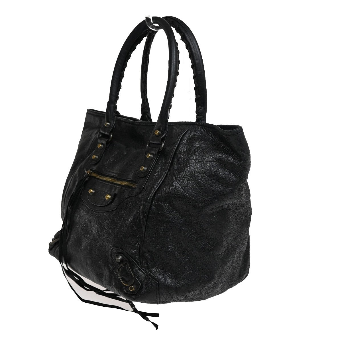 BALENCIAGA Logo The Sunday Shoulder Tote Hand Bag Leather Black Mirror 70YH628