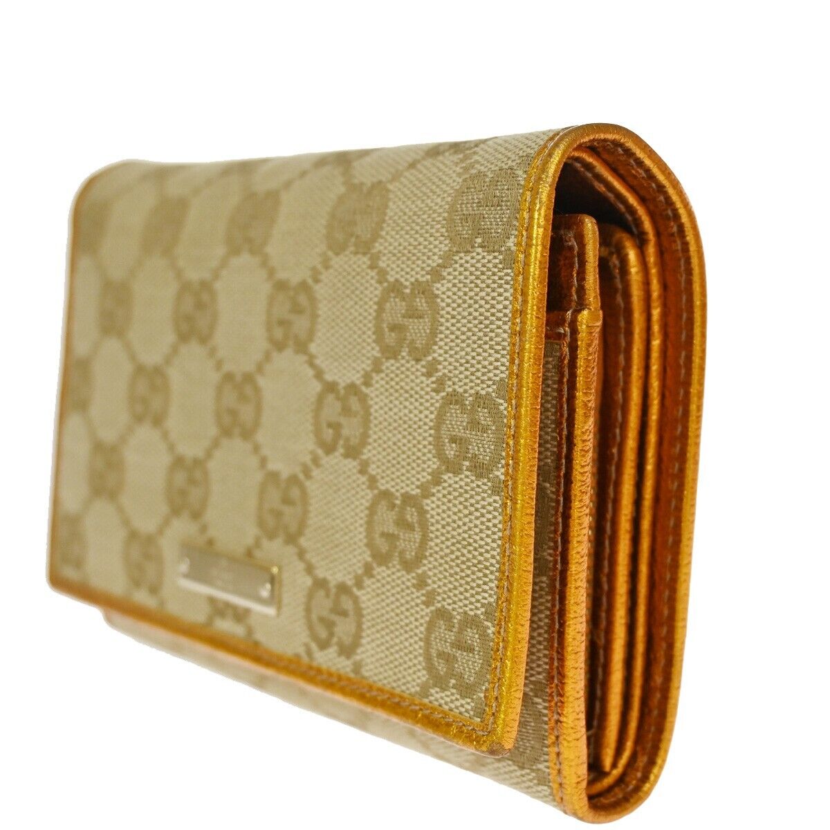 GUCCI GG Pattern Bifold Wallet Purse Canvas Leather Brown Orange Gold 69SH092