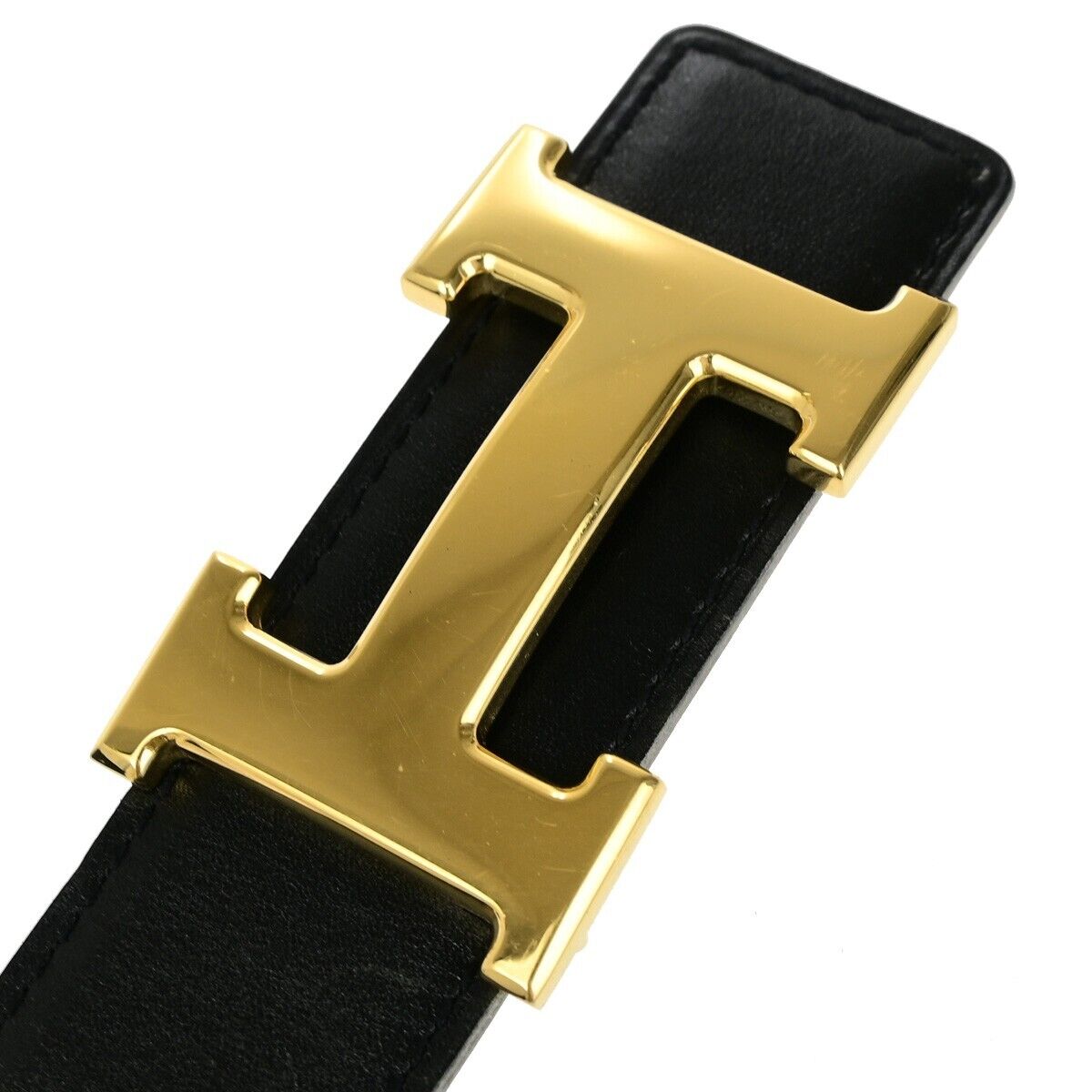 HERMES H Logo Constance Reversible Buckle Belt Leather #65 Black Brown 34YG811