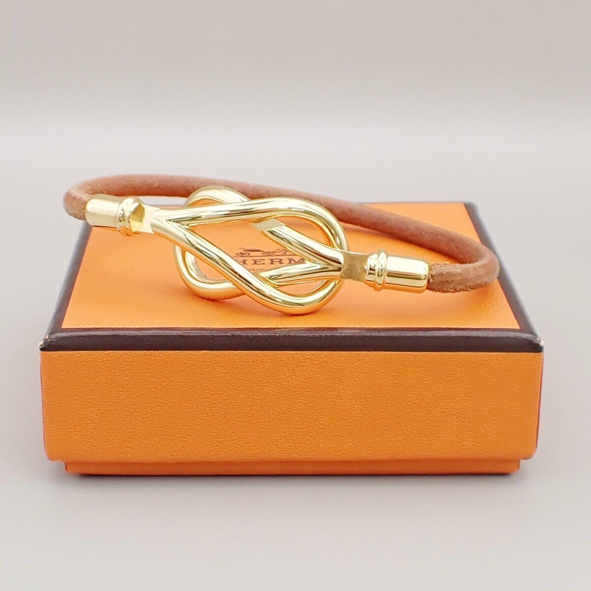 HERMES Logo Jumbo Hook Bracelet Leather Brown Gold Accessory 04ED436