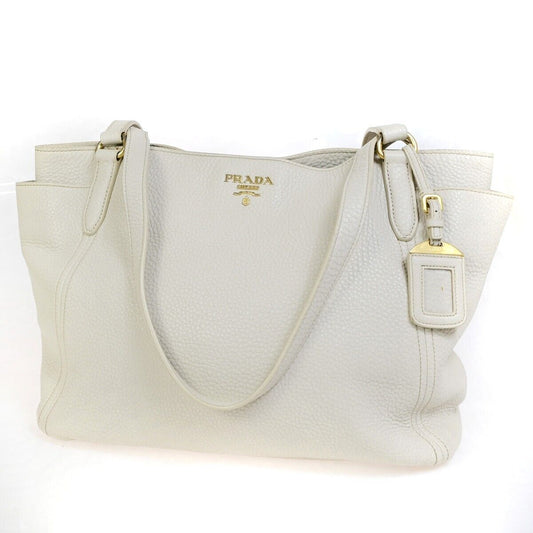 PRADA Logo Shoulder Tote Bag Leather White GHW Made in Italy 85EC560