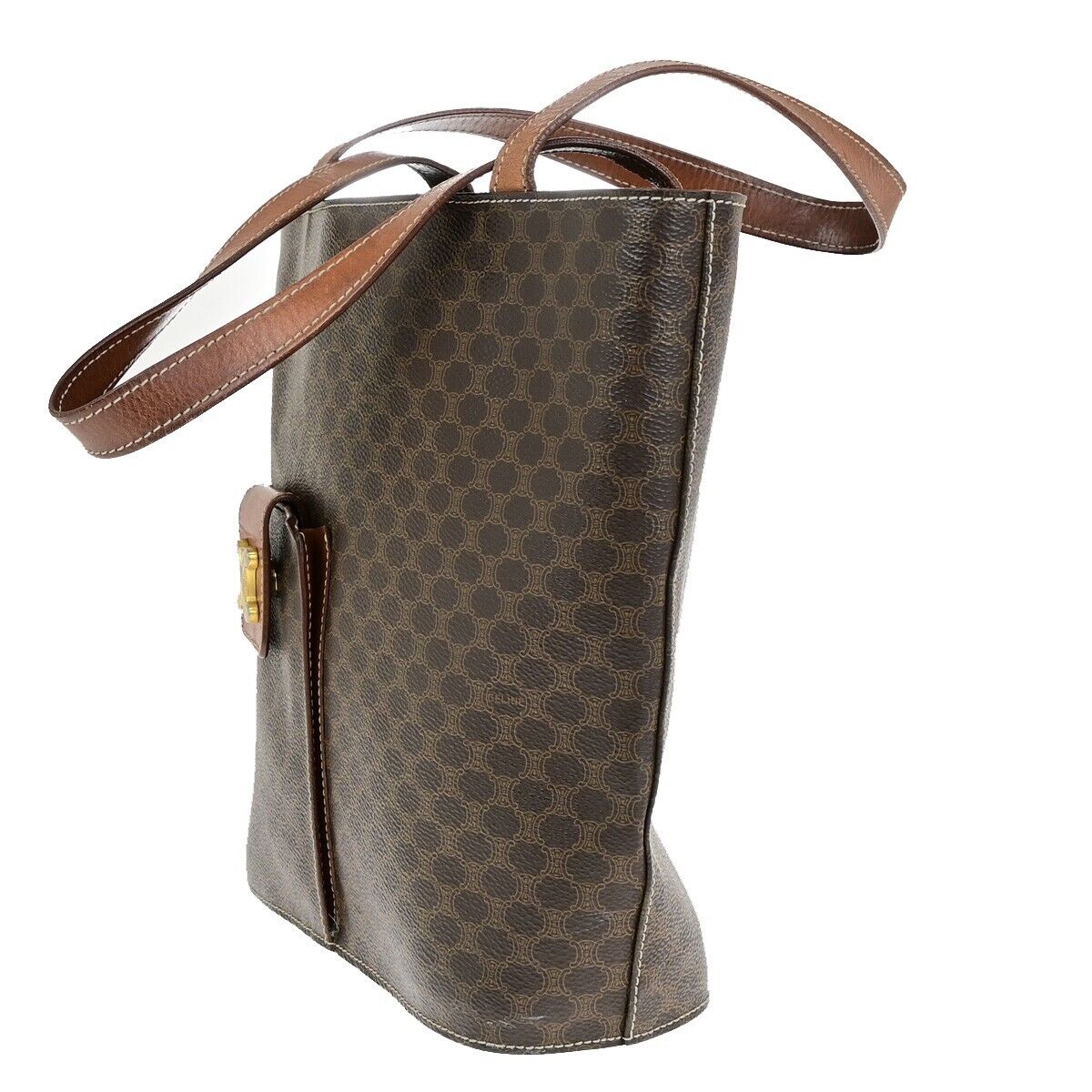 CELINE Logo Macadam Pattern Shoulder Tote Bag PVC Leather Brown GHW 67ED369