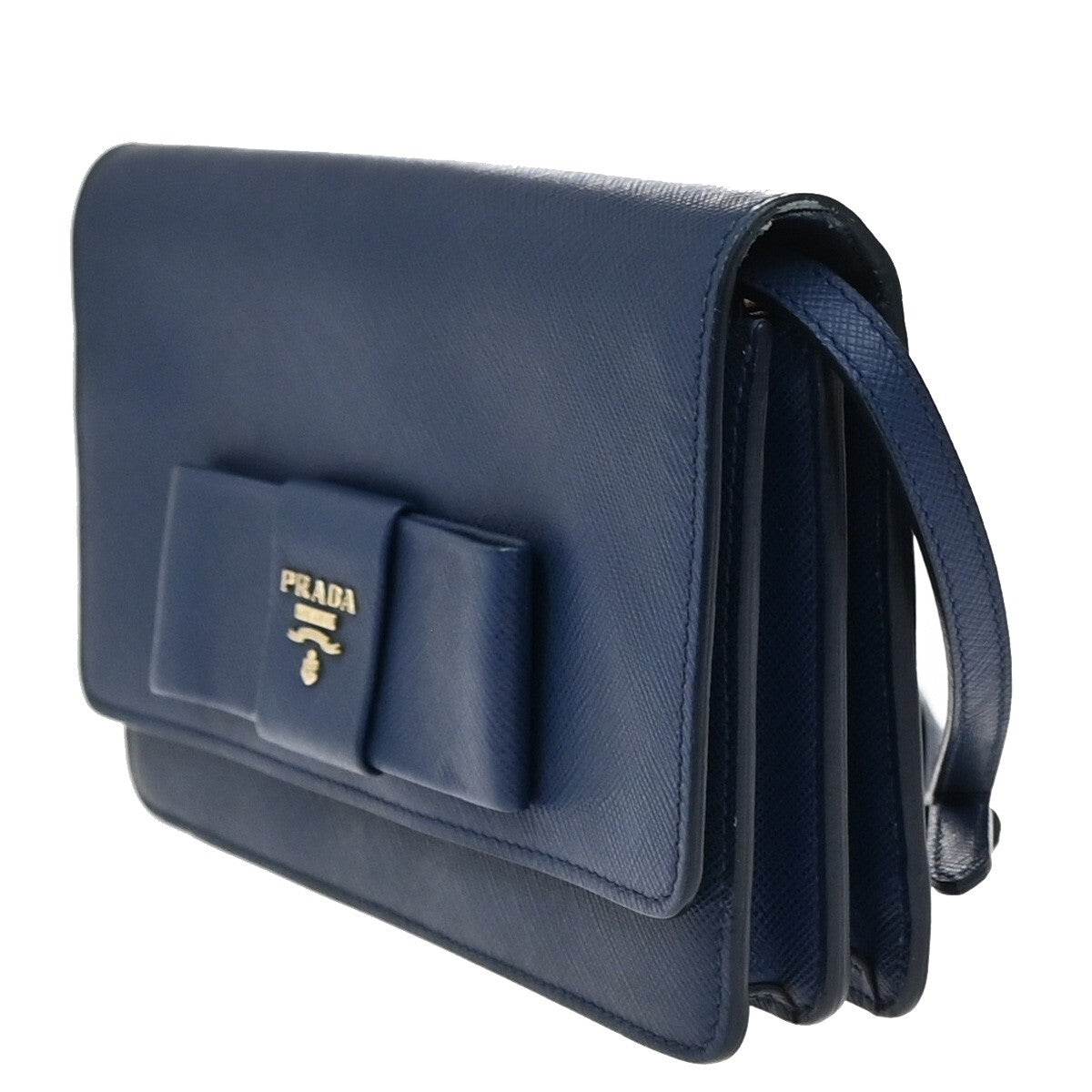 PRADA MILANO Logo Bow 2Way Shoulder Clutch Bag Saffiano LUX Leather Blue 87RF248