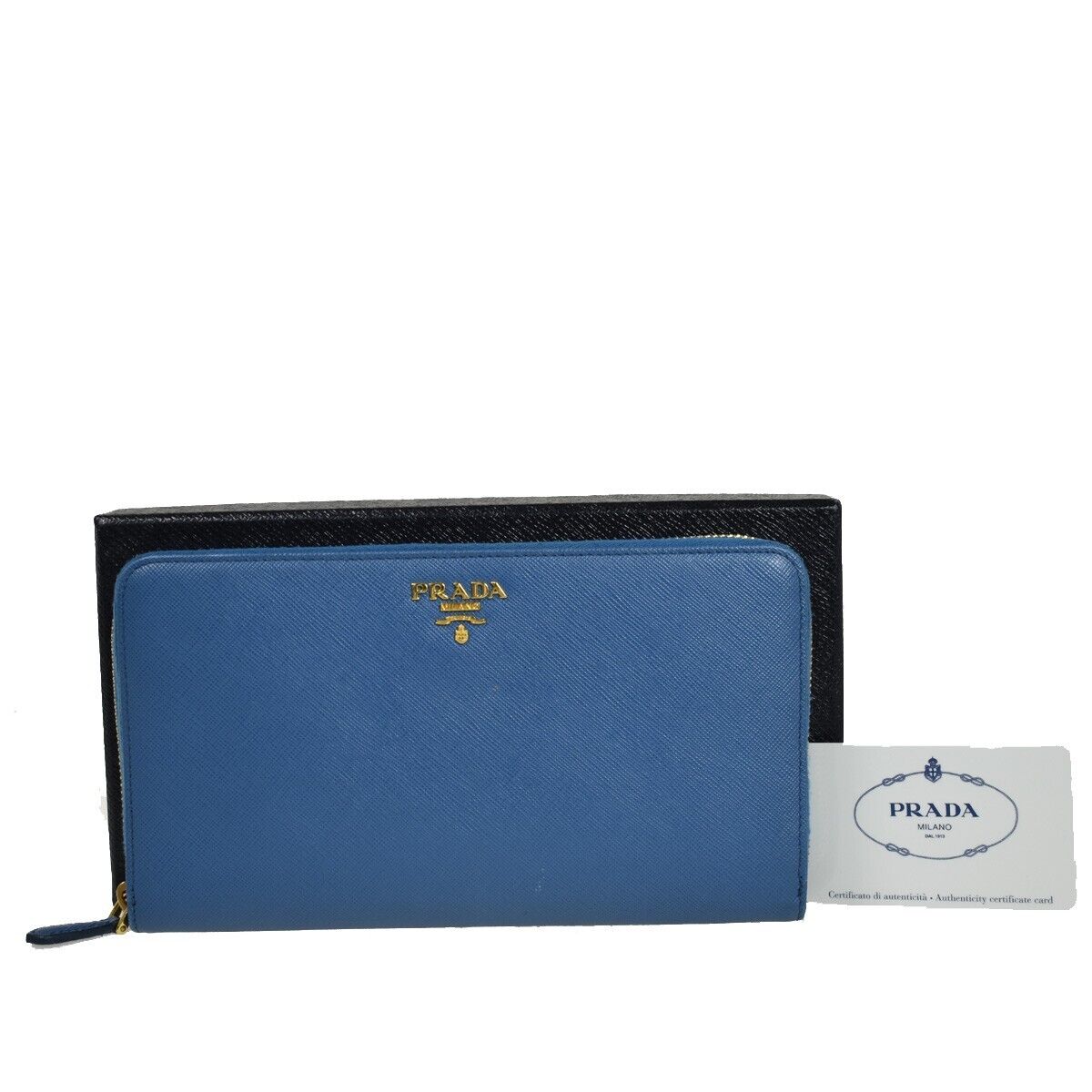 PRADA Logo Long Bifold Organizer Wallet Purse Saffiano Leather Blue Gold 89RH569