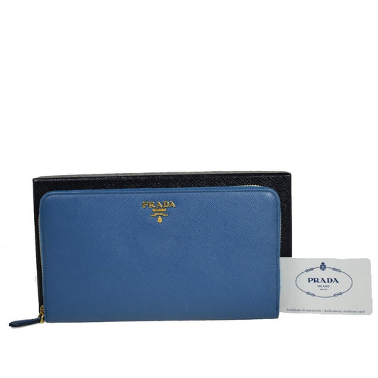 PRADA Logo Long Bifold Organizer Wallet Purse Saffiano Leather Blue Gold 89RH569