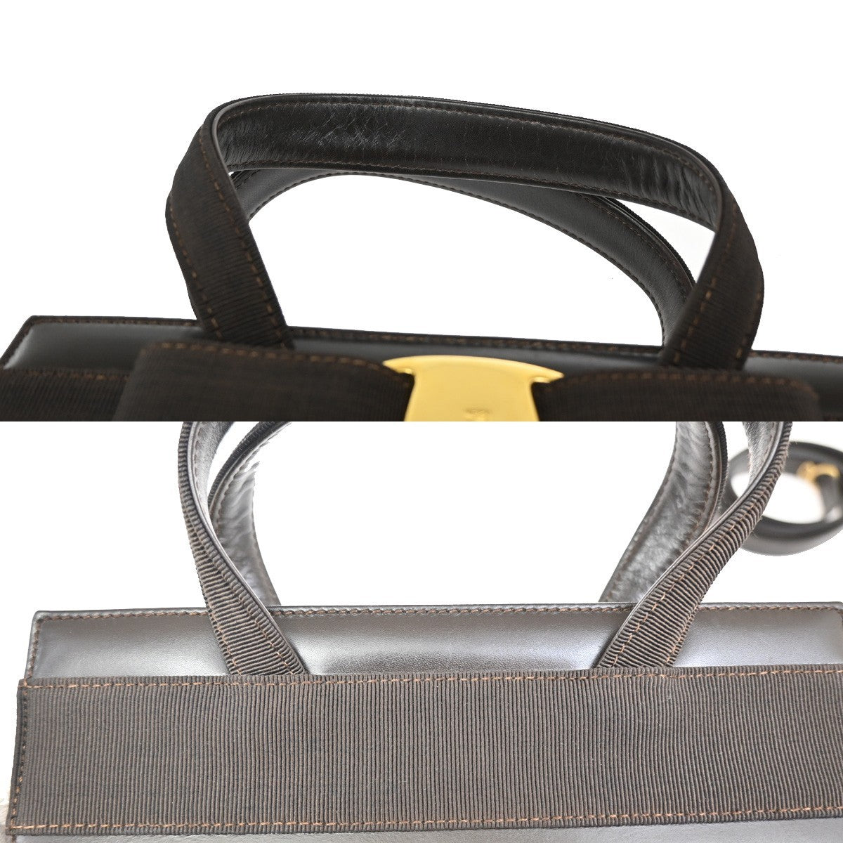 SALVATORE FERRAGAMO Vara 2Way Hand Bag Canvas Leather Brown Gold Italy 64TA067