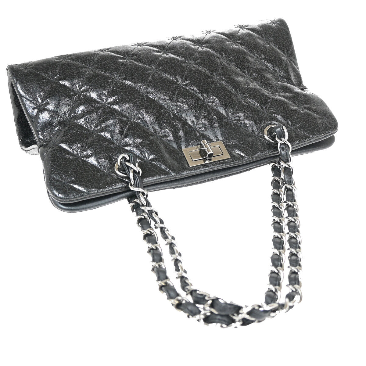 CHANEL Logo 2.55 Chain Shoulder Bag Patent Leather Black SHW 691RJ755