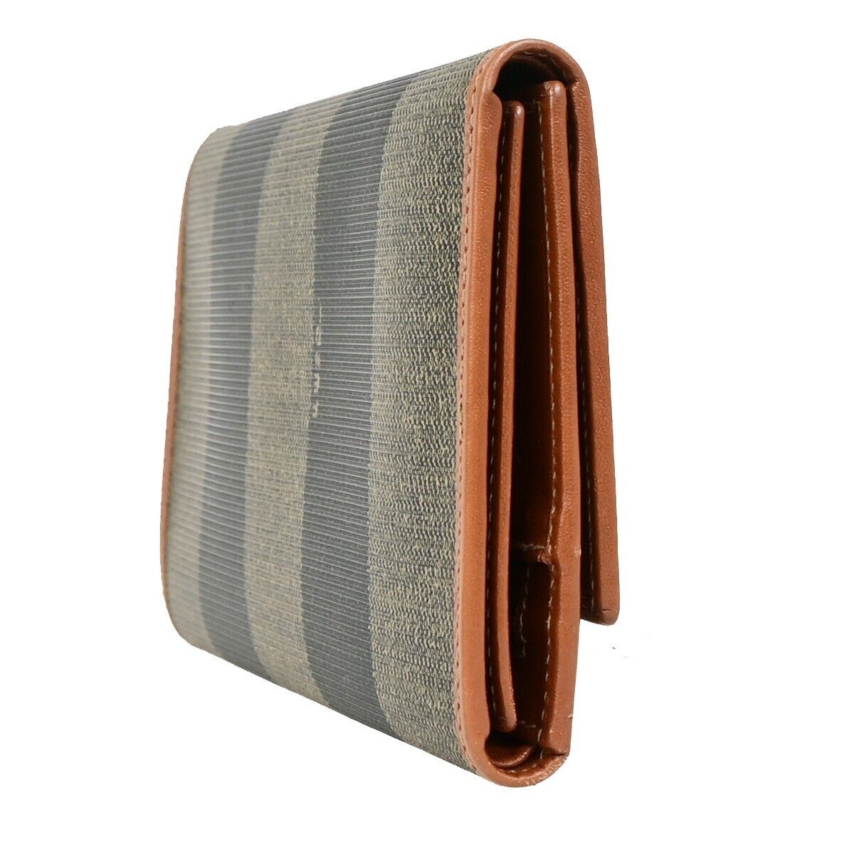 FENDI Logo Pequin Trifold Compact Wallet PVC Leather Brown Black Italy 05KA408