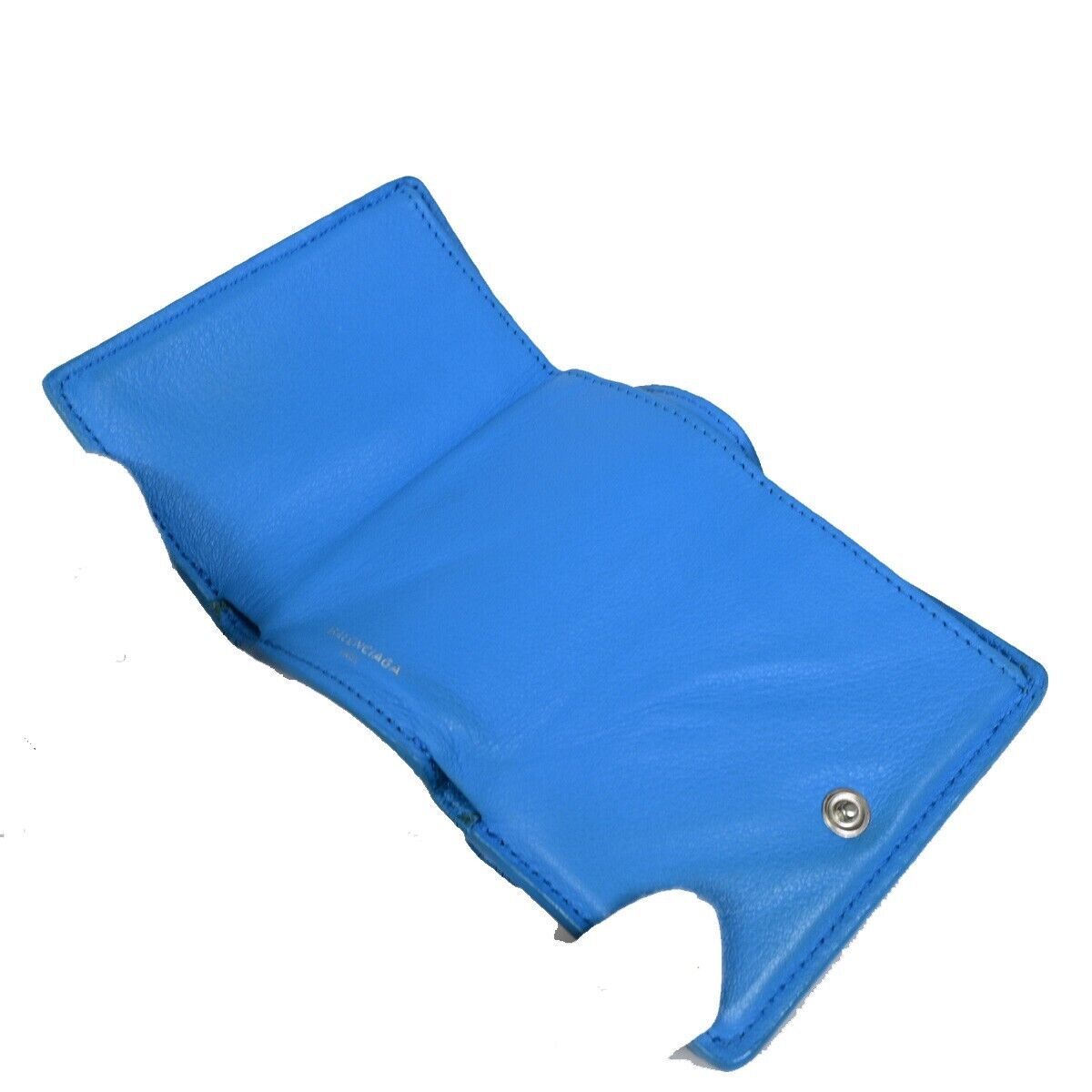 BALENCIAGA Logo Paper Mini Trifold Wallet Purse Leather Blue SHW Italy 68EB974