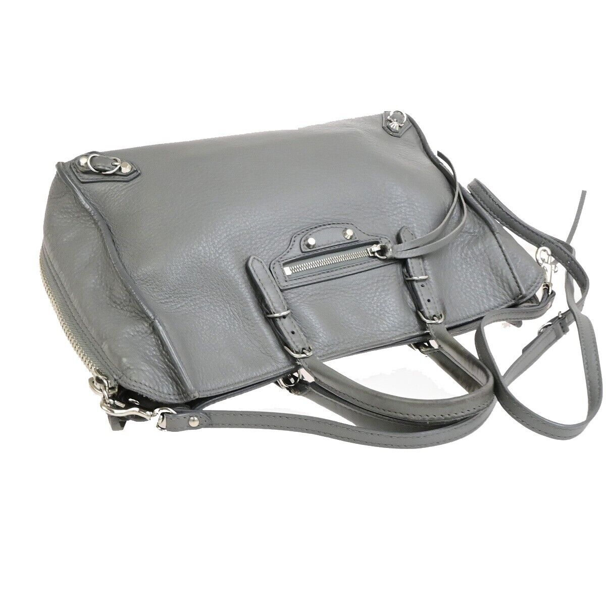 BALENCIAGA Logo Papier Mini 2Way Shoulder Hand Bag Leather Gray Italy 64ED611