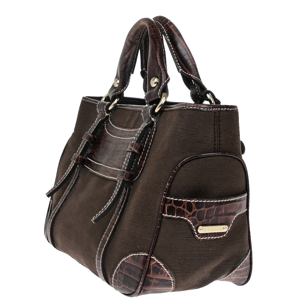 CELINE Boogie Macadam Charm Hand Tote Bag Canvas Embossing Leather Brown 69YF305