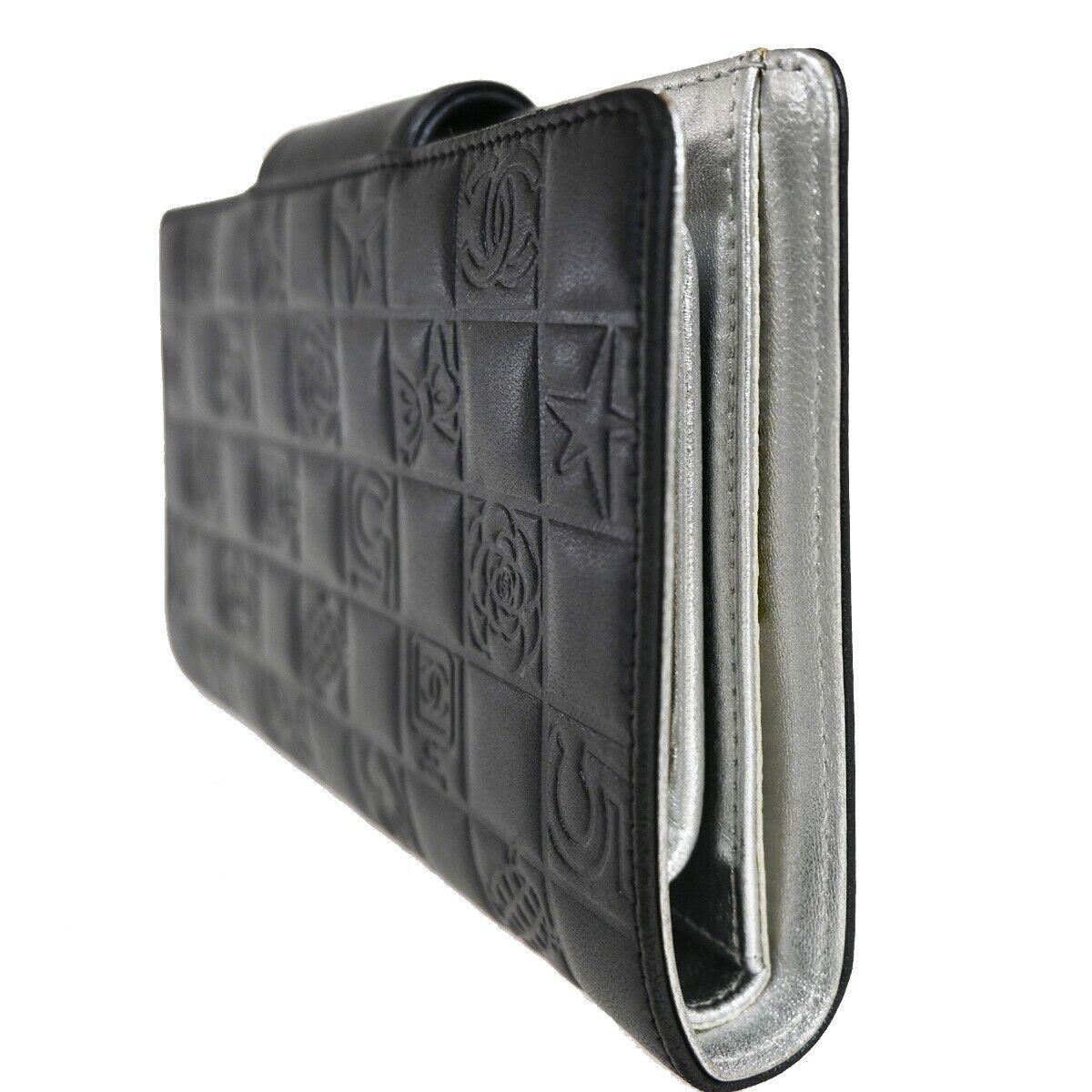 CHANEL CC Logo Icon Long Bifold Wallet Purse Leather Black SHW Italy 82RJ306