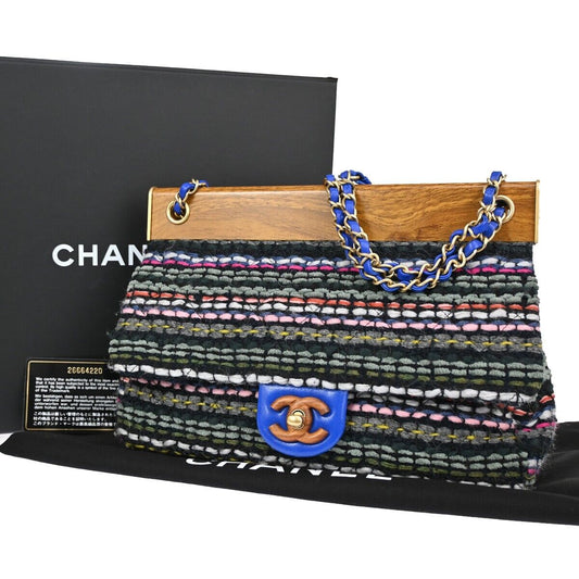 CHANEL CC Matelasse Tweed Chain Shoulder Bag Leather Wood Blue GHW 961RH816