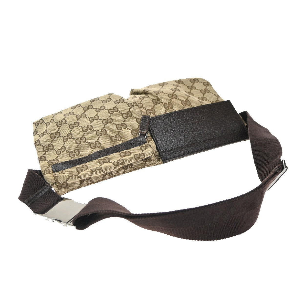 GUCCI GG Logo Double Pocket Bum Bag Canvas Leather Brown SHW Italy 85EG285
