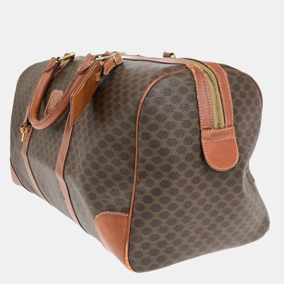 CELINE Macadam Pattern Travel Hand Bag PVC Leather Brown Gold Italy 64EB372