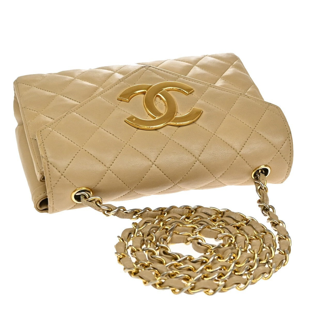 CHANEL CC Logo Mini Matelasse Chain Shoulder Bag Leather Beige GHW 675RF438