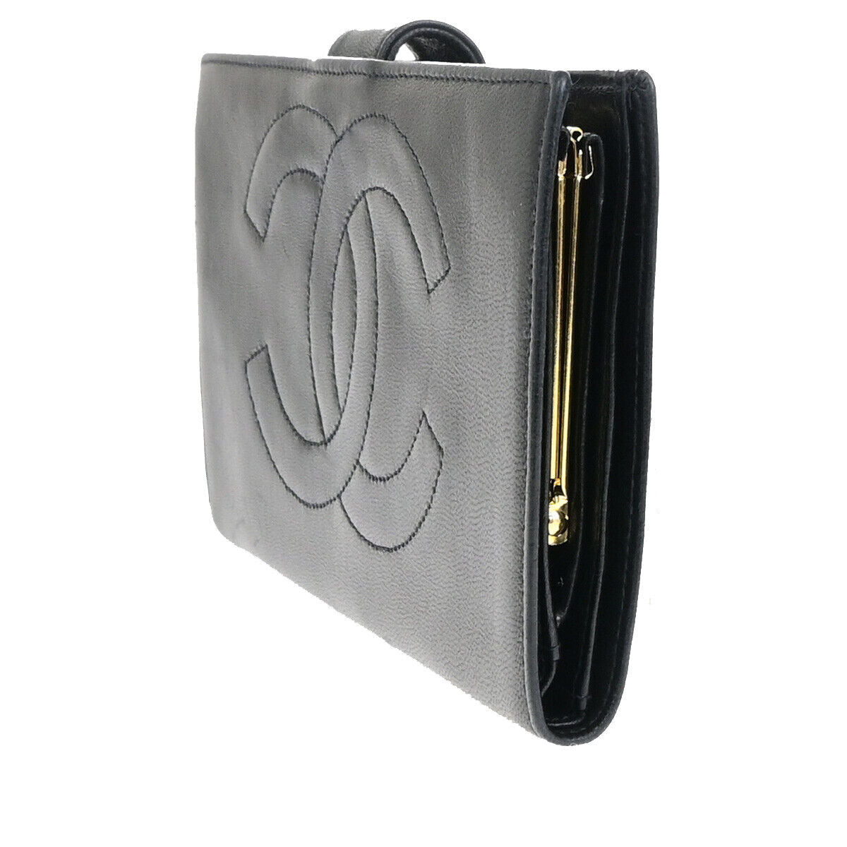 CHANEL CC Logo Long Bifold Wallet Purse Leather Black GHW Vintage 33RK743