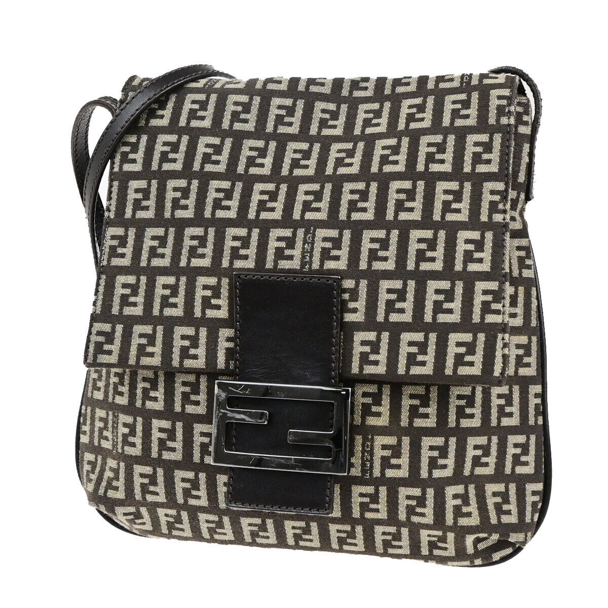 FENDI Logo Zucchino Shoulder Bag Canvas Leather Brown SHW Italy 70SJ496