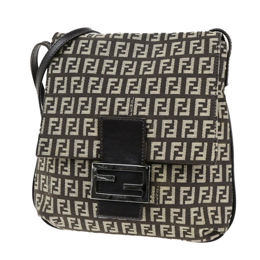 FENDI Logo Zucchino Shoulder Bag Canvas Leather Brown SHW Italy 70SJ496