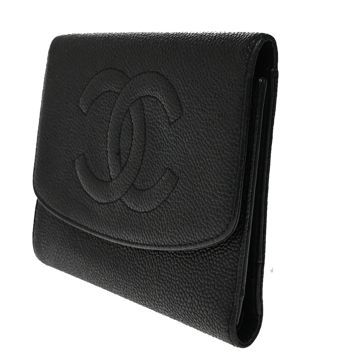 CHANEL CC Trifold Compact Wallet Grained Calfskin Leather Black Vintage 79RF500