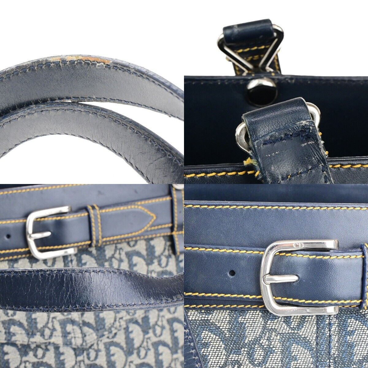 CHRISTIAN DIOR Trotter Pattern Shoulder Bag Canvas Leather Navy Blue 77ED282