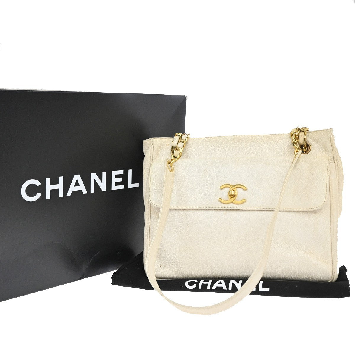 CHANEL CC Shoulder Bag Grained Calfskin Leather White GHW Vintage 12RP179