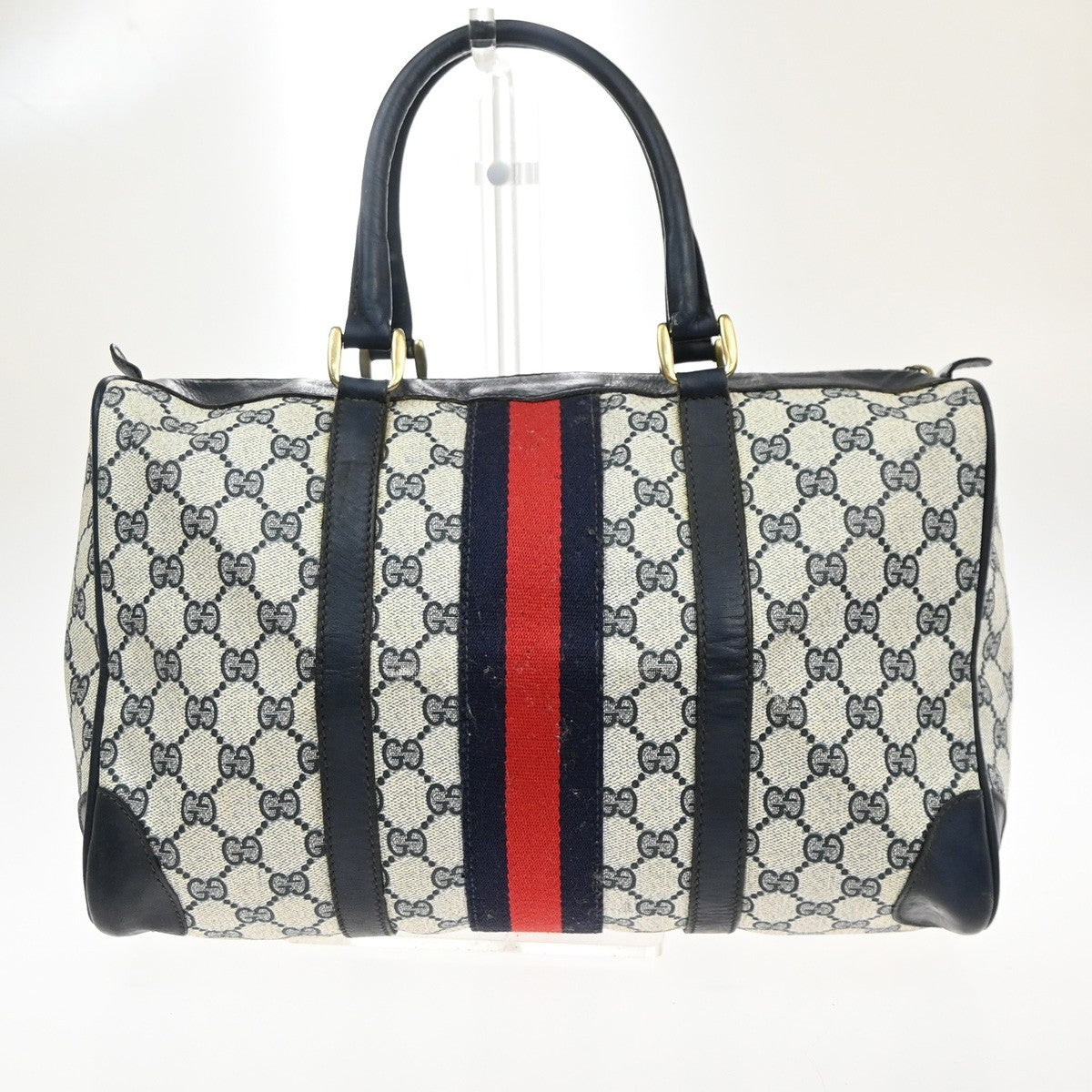 GUCCI Logo GG Pattern Sherry Boston Hand Bag PVC Leather Navy Blue Italy 68MA649