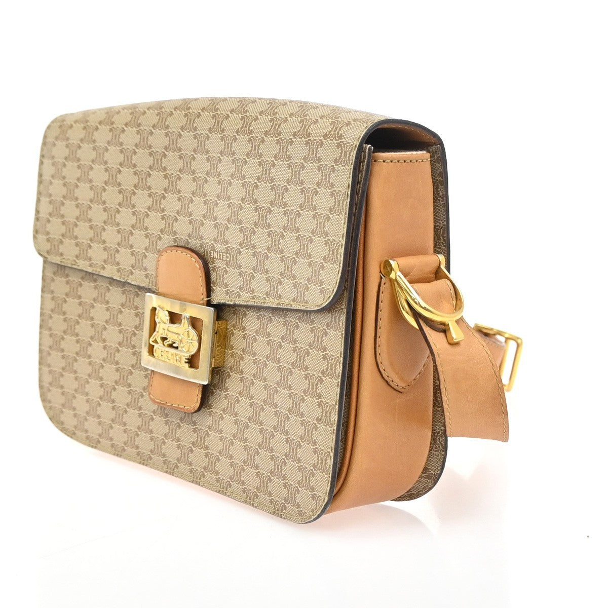 CELINE Logo Horse Carriage Macadam Shoulder Bag PVC Leather Beige GHW 30KC949