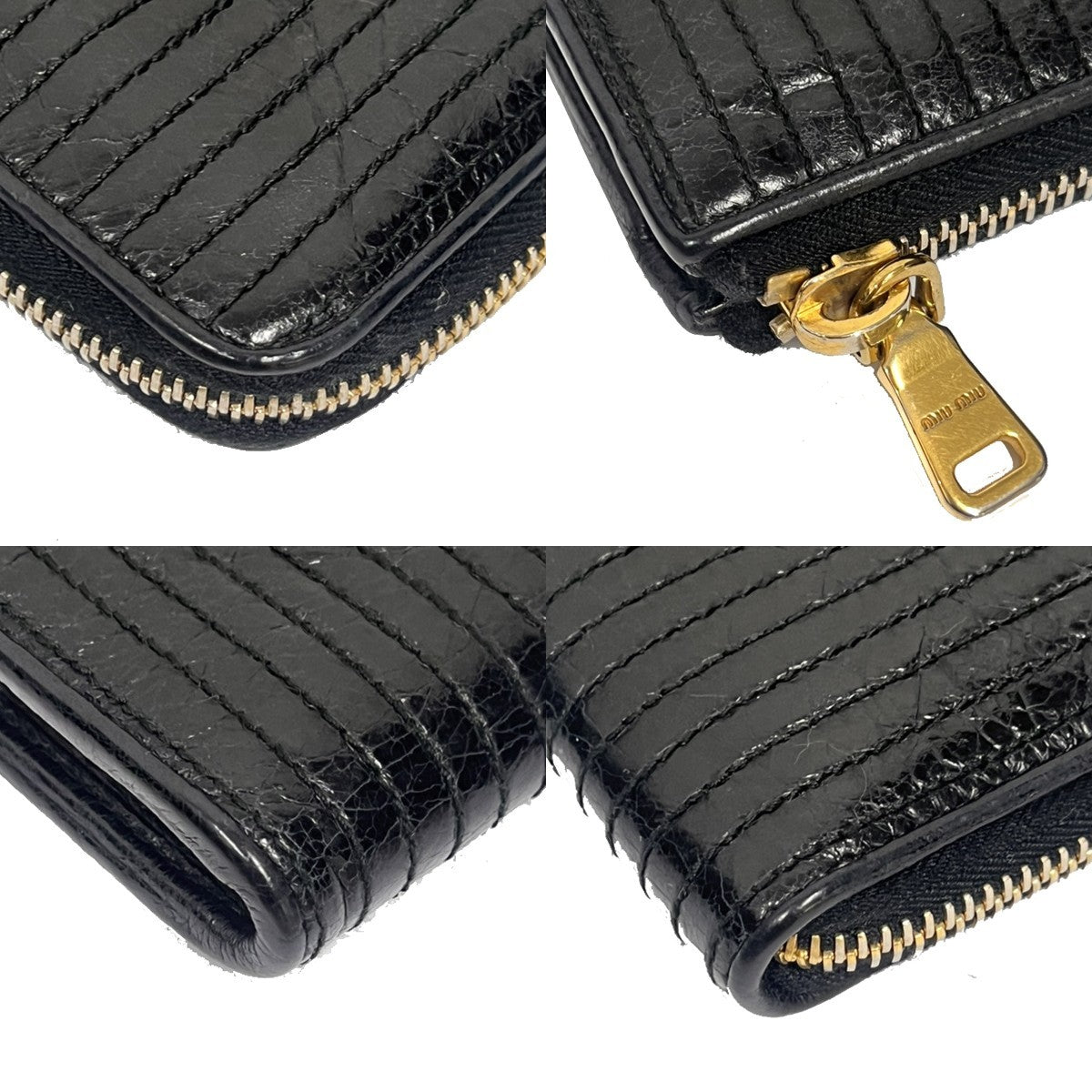 MIU MIU Logo Long Wallet Imitation Pearl Rhinestone Leather Black 60EG137