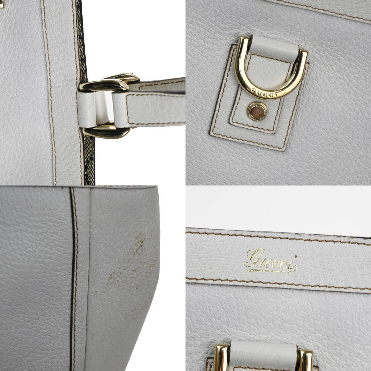 GUCCI Logo GG Pattern Abbey Shoulder Tote Bag Canvas Leather White GHW 34TA557