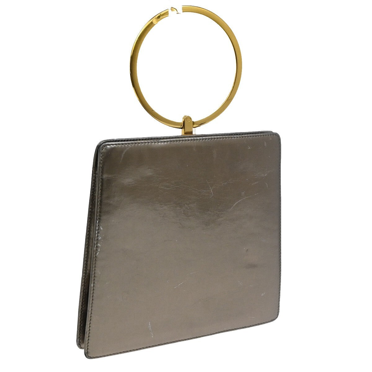 SALVATORE FERRAGAMO Gancini Metal Handle Clutch Hand Bag Leather Gold 62FB855