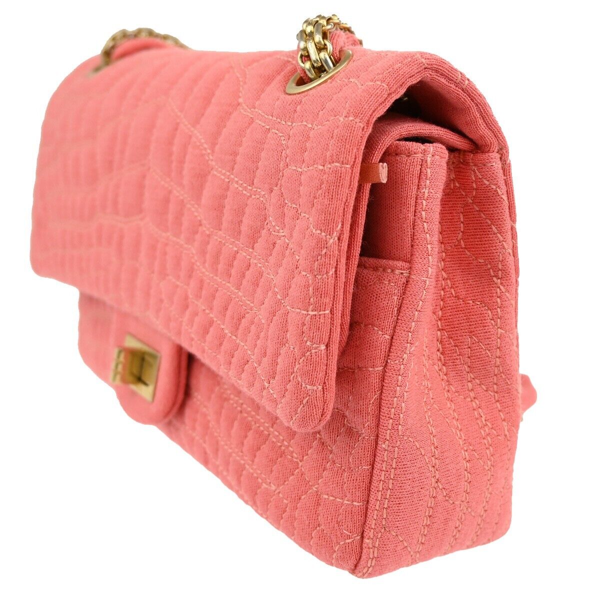 CHANEL Logo 2.55 Double Flap Chain Shoulder Bag Canvas Leather Pink GHW 314RJ738