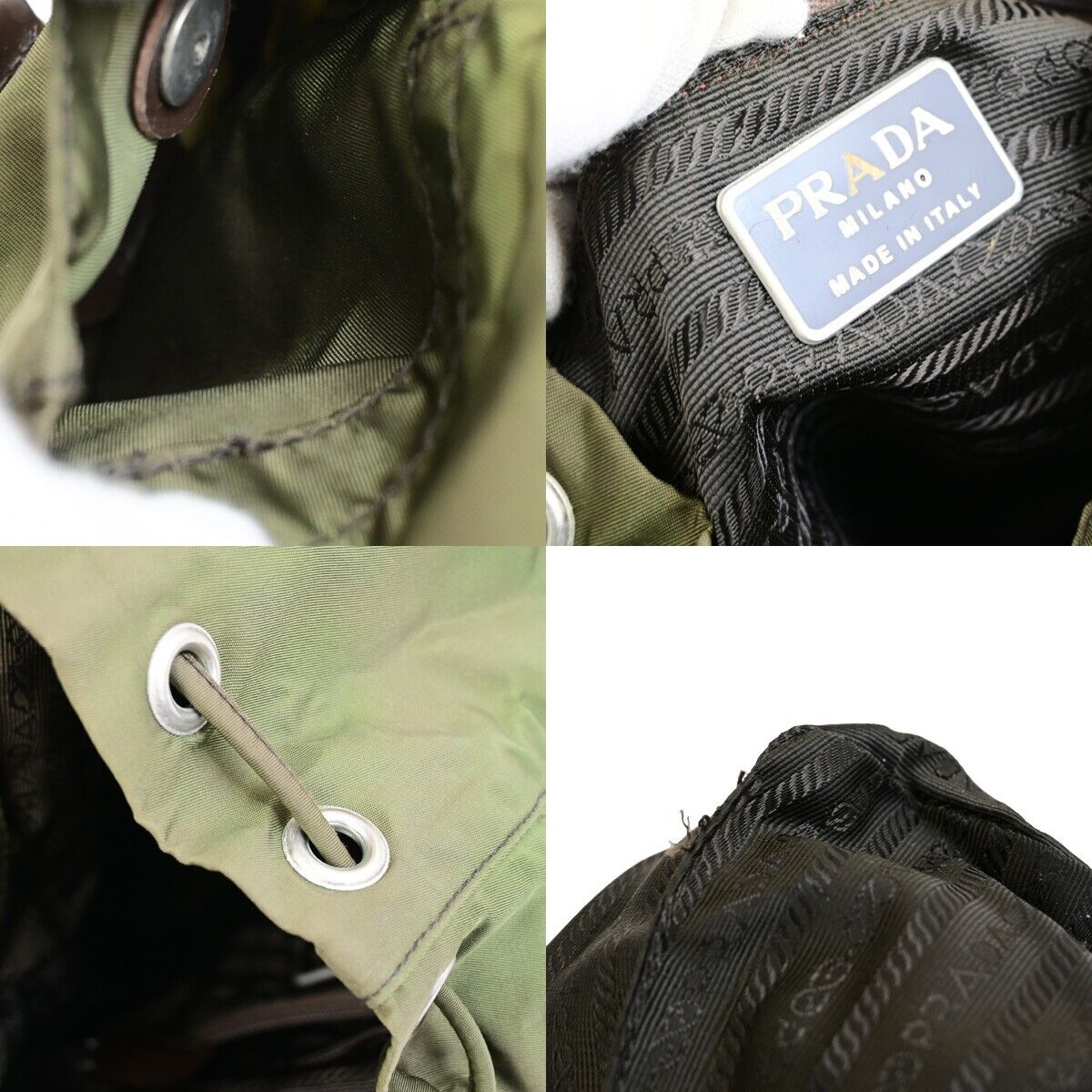 PRADA MILANO Logo Small Backpack Bag Nylon Leather Green Brown Italy 62FB353