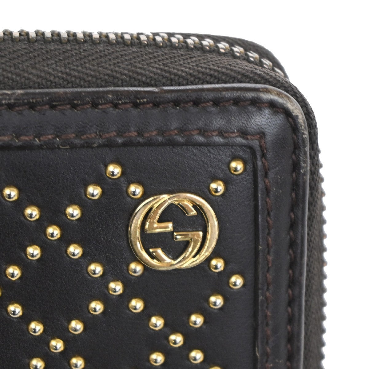 GUCCI Logo Diamante Studded GG Long Zipper Wallet Leather Brown Gold 62TA307