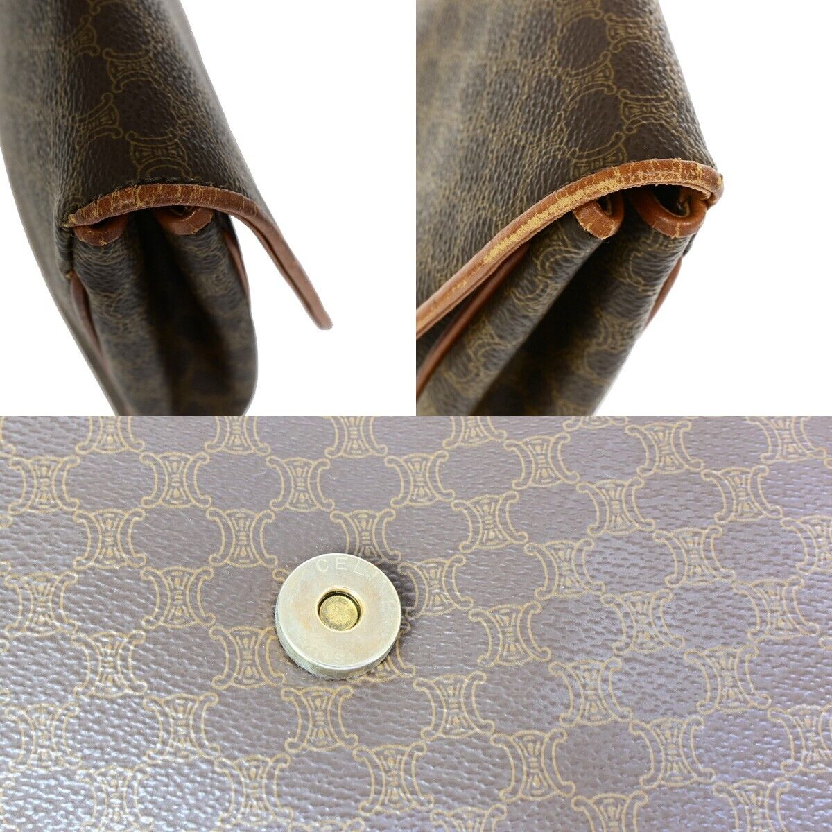 CELINE Logo Macadam Pattern Clutch Bag PVC Leather Brown GHW Italy 01EB540