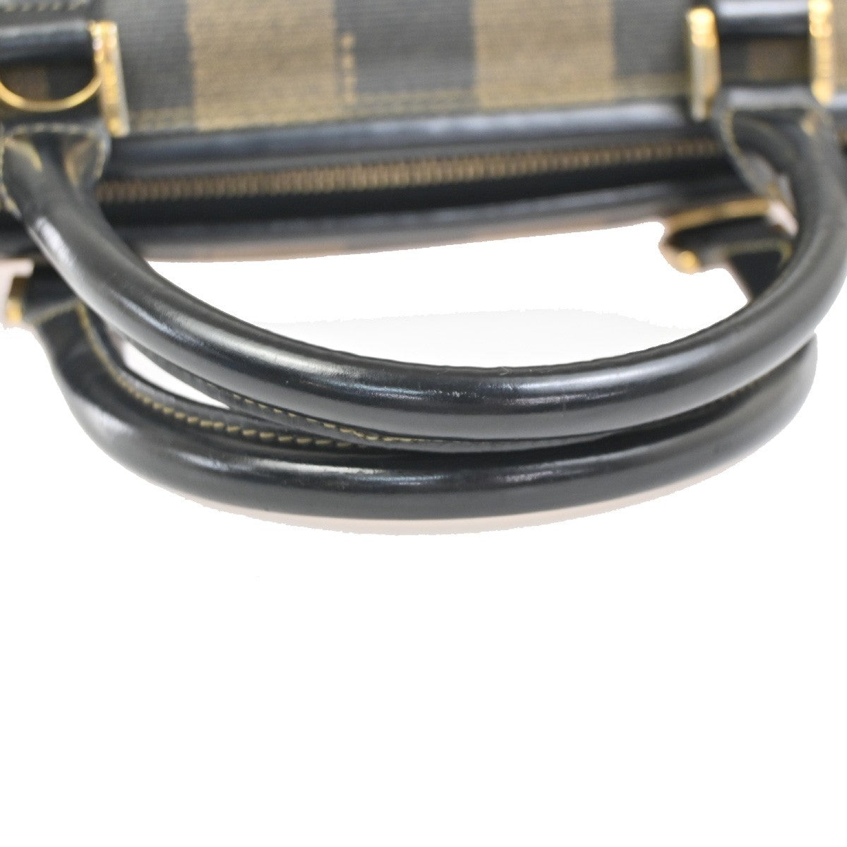 FENDI Logo Pequin Mini Boston Hand Bag PVC Leather Black Khaki GHW Italy 32YH898